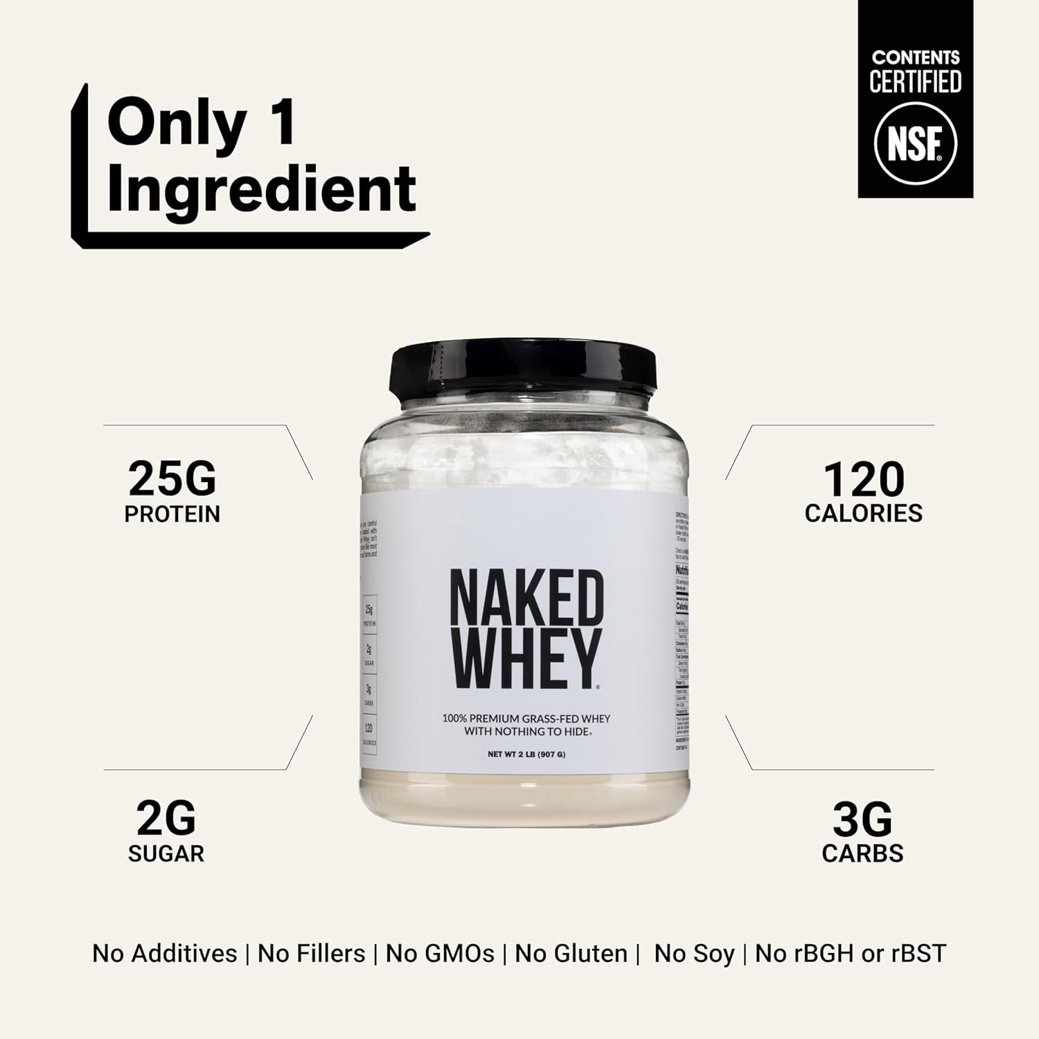 Whey 2LB 100% Grass Fed Whey Protein Powder - Only 1 Ingredient, Unflavored Whey Protein, NSF Certified, Undenatured, Gluten Free, Soy Free, No Gmos, No Preservatives