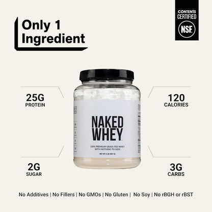 Whey 2LB 100% Grass Fed Whey Protein Powder - Only 1 Ingredient, Unflavored Whey Protein, NSF Certified, Undenatured, Gluten Free, Soy Free, No Gmos, No Preservatives