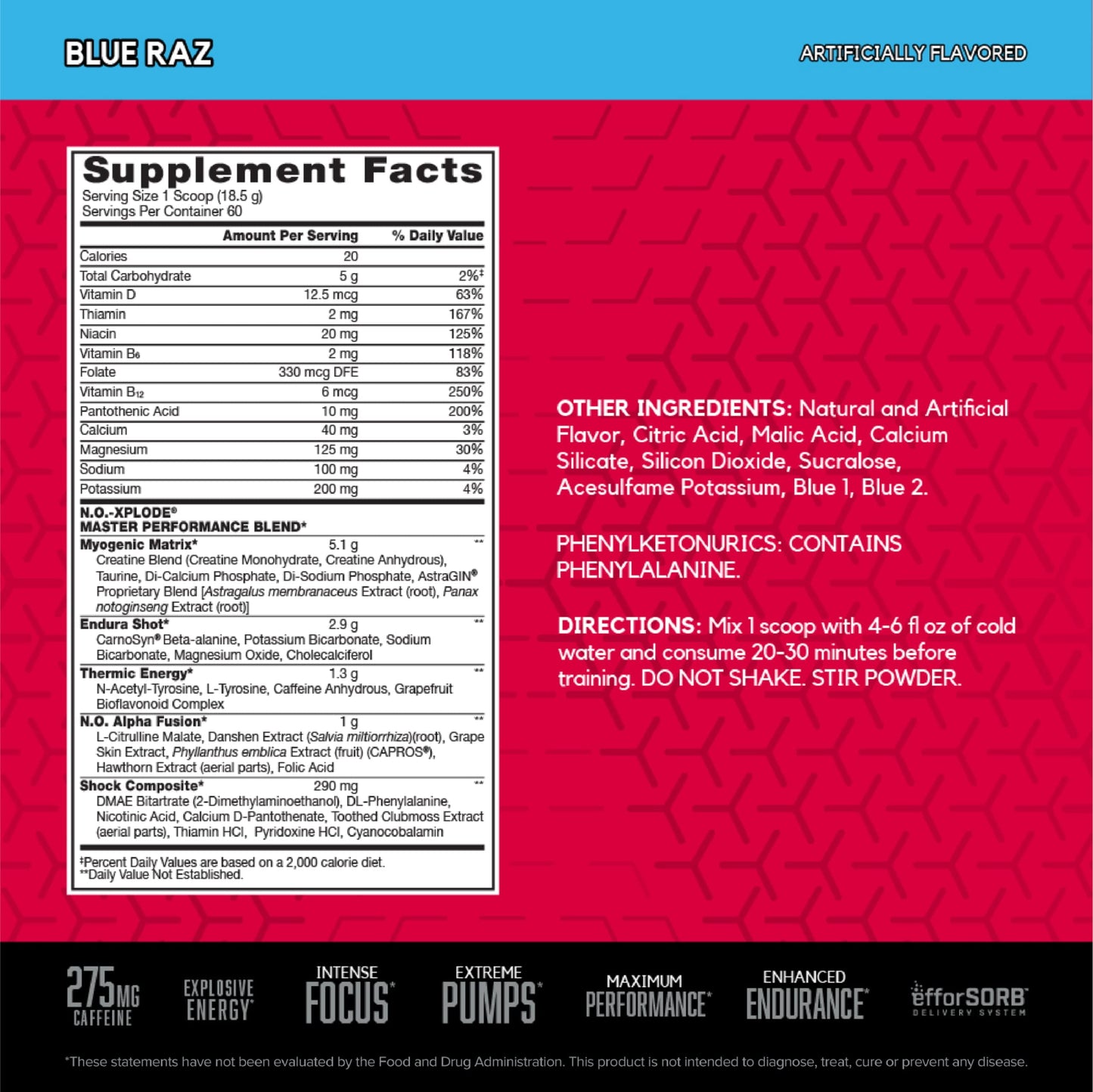 N.O. Xplode Pre-Workout Supplement with Creatine, Beta-Alanine, and Energy, Blue Raz, 60 Servings