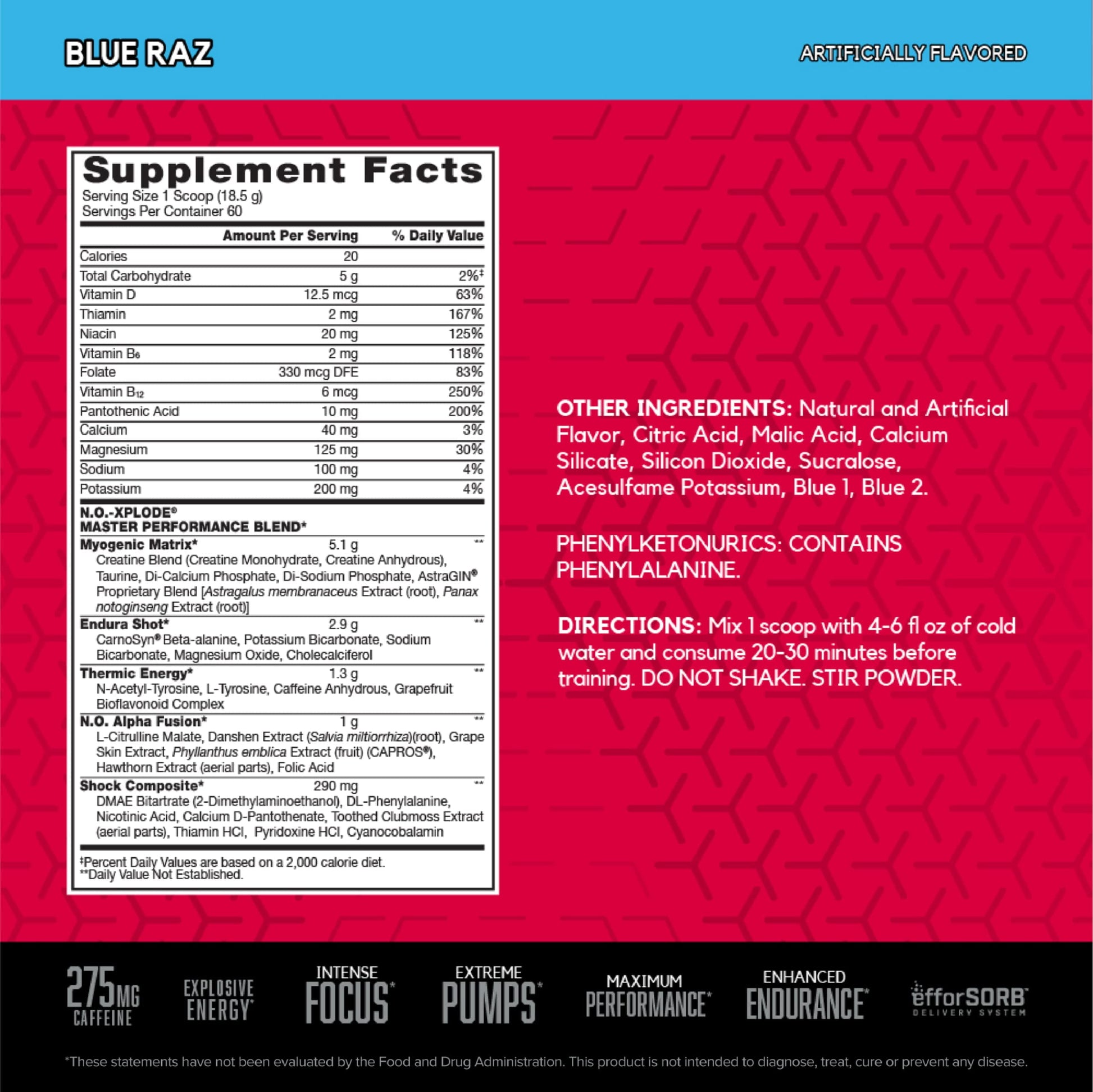 N.O. Xplode Pre-Workout Supplement with Creatine, Beta-Alanine, and Energy, Blue Raz, 60 Servings