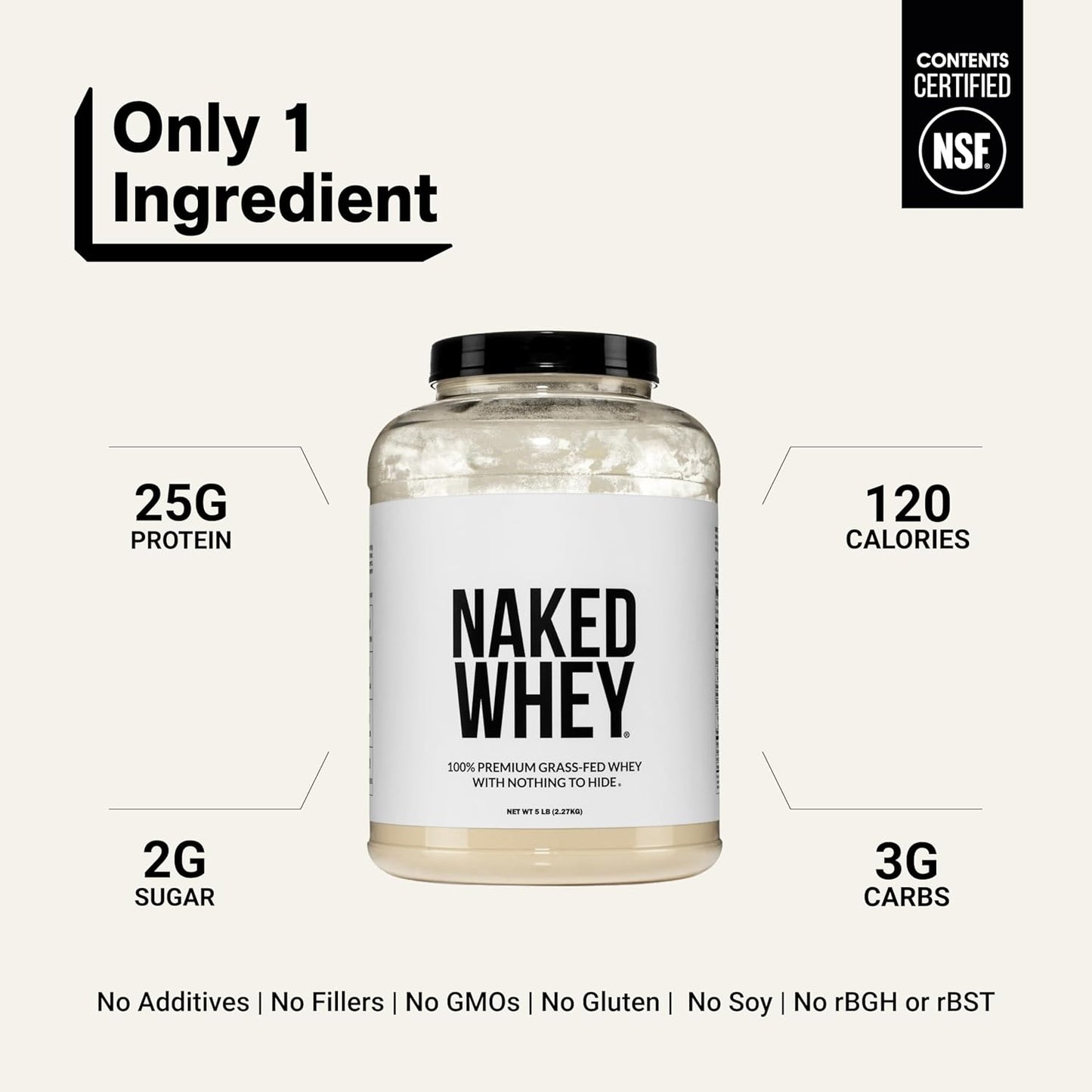 Whey 5LB 100% Grass Fed Unflavored Whey Protein Powder - Only 1 Ingredient, NSF Certified, Undenatured, Gluten Free, Soy Free, Promote Muscle Growth and Recovery - 76 Servings