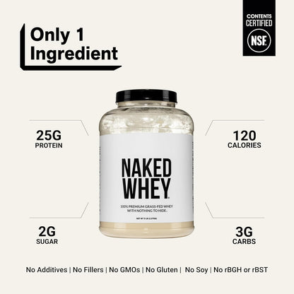 Whey 5LB 100% Grass Fed Unflavored Whey Protein Powder - Only 1 Ingredient, NSF Certified, Undenatured, Gluten Free, Soy Free, Promote Muscle Growth and Recovery - 76 Servings