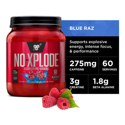 N.O. Xplode Pre-Workout Supplement with Creatine, Beta-Alanine, and Energy, Blue Raz, 60 Servings