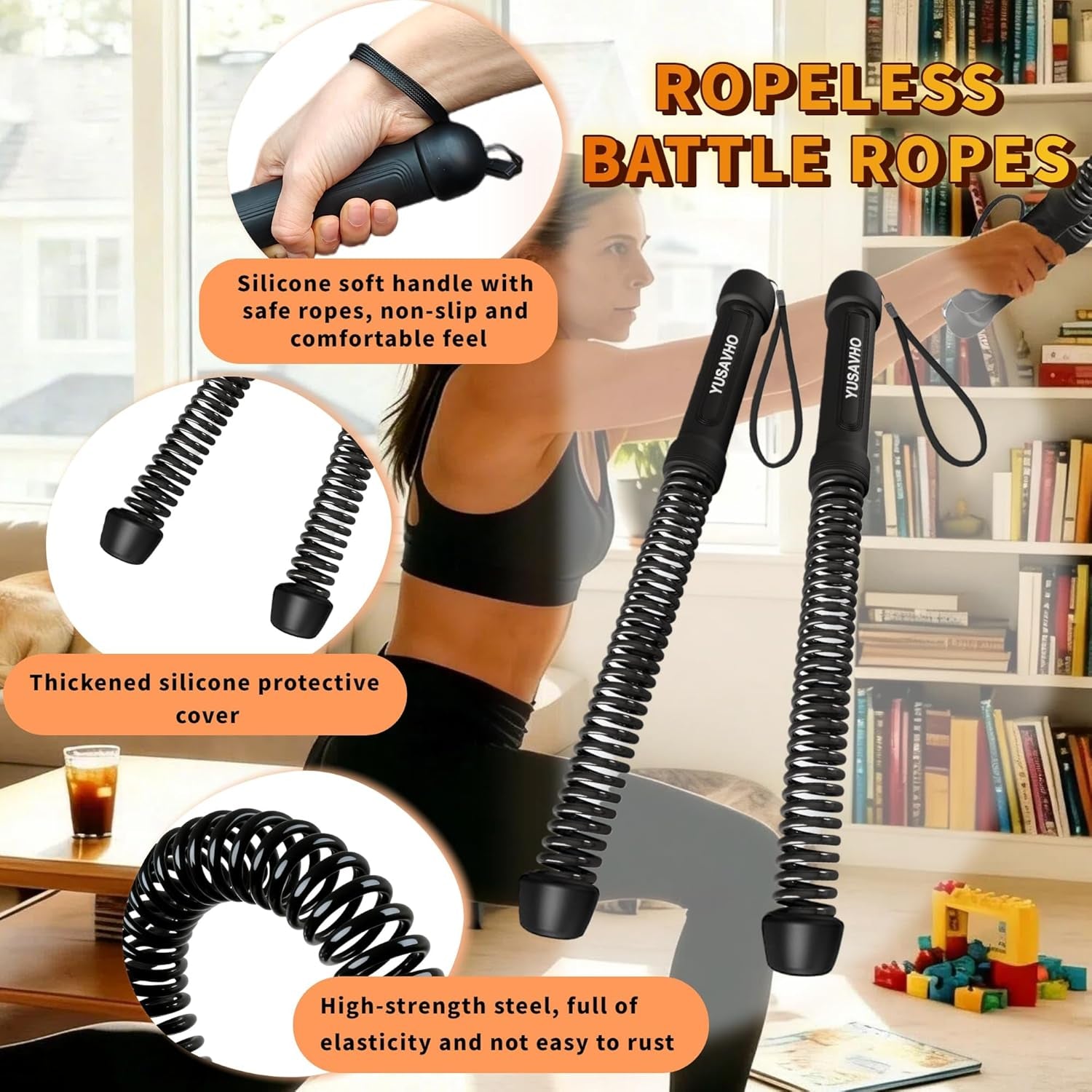 Ropeless Battle Ropes for Home Gym-Portable Cordless Training Rope Fitness Equipment for Men&Women,Weighted Workout Gear for Upper Body Cardio,Low-Impact Exercise Ropes for Small Spaces (Black)